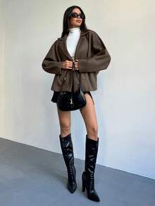 Aloruh 优雅别致露肩宽松高领双排扣羊毛外套，秋冬 - 棕色 - 查看 7