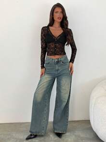 Aloruh Women's Deep V-Neck Black Lace Sheer Long Sleeve T-Shirt, Autumn/Winter - Black - View 8