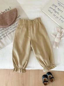 SHEIN LMoss Kids 女婴可爱卡其色牛仔荷叶边腰部宽松哈伦裤，适合秋季、冬季、休闲时尚度假穿着，2000年代风格，万圣节牛仔裤，圣诞节，卡其色修身裤 - 卡其色 - 查看 4