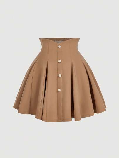 SHEIN MOD 大码女式高腰A字裙，饰有仿珍珠纽扣，复古宫廷风格，适合上学、约会、派对、度假、下午茶、生日聚会、复活节、锐舞音乐节、音乐会、早午餐、商务休闲等场合。