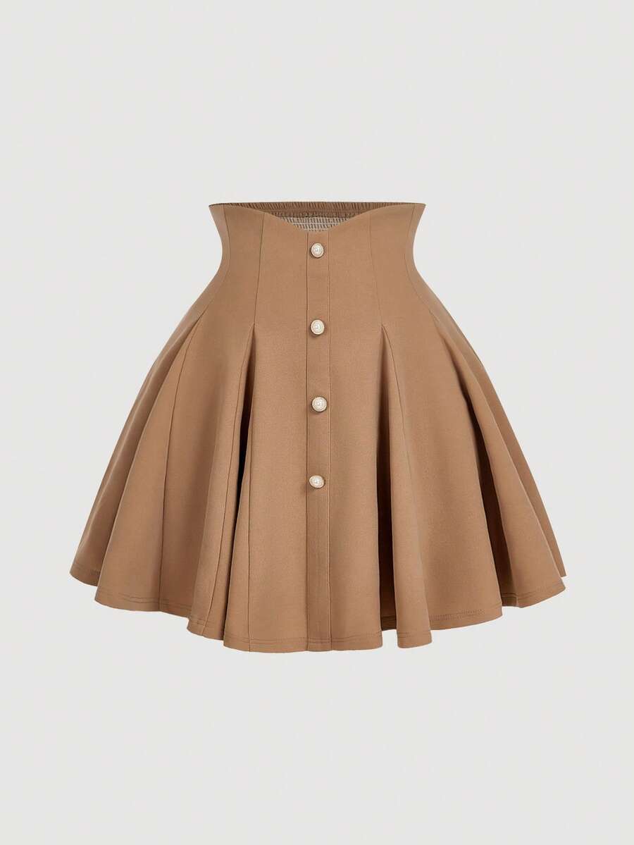 SHEIN MOD Gonna a vita alta con bottoni in finta perla, stile vintage vintage, adatta per scuola, appuntamenti, feste, vacanze, tea party, compleanni, Pasqua, festival rave, concerti, brunch, casual business - Cammello - Visualizzare 1