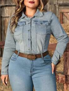 EMERY ROSE Áo khoác denim dài tay dáng suông có túi, chất liệu co giãn, dành cho nữ cỡ lớn mùa đông. - Rửa nhẹ - Xem 1