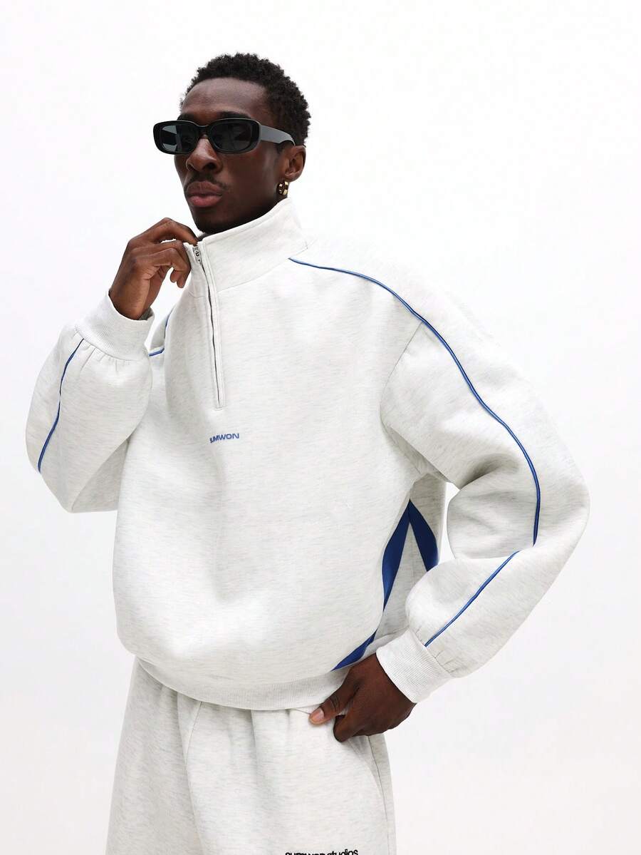 SUMWON 短款超大半拉链套头运动衫，带连帽和撞色蓝色滚边细节，适合休闲街头服饰 - 彩色 - 查看 1