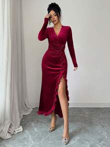 Elenzga 女士优雅时尚通勤休闲舒适迷人复古浪漫假日长袖 V 领腰部褶皱侧开衩花卉蕾丝拼布天鹅绒纯色连衣裙 - 酒紅色 - 查看 5