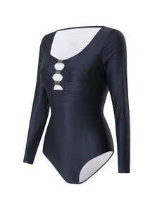 Swim Lushoire Women's Summer Beach Vacation Solid Color Special Texture Fabric Metal Buckle Decor Rash Guard With Crew Neck And Long Sleeves Swimmingwear Woman Swim Suits Women Beachwear One Piece Long Sleeve Bikini Long Sleeve Swimsuit Modest One Piece Swimsuit Long Sleeve Bathing Suit Women Navy Blue Swimsuit Rashguard Swimsuit Women - Navy Blue - View 8