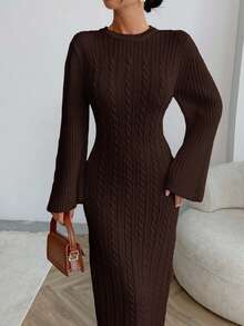 EURMUSE Cable Pattern Sweater Dress Fall Winter - Brown - View 2