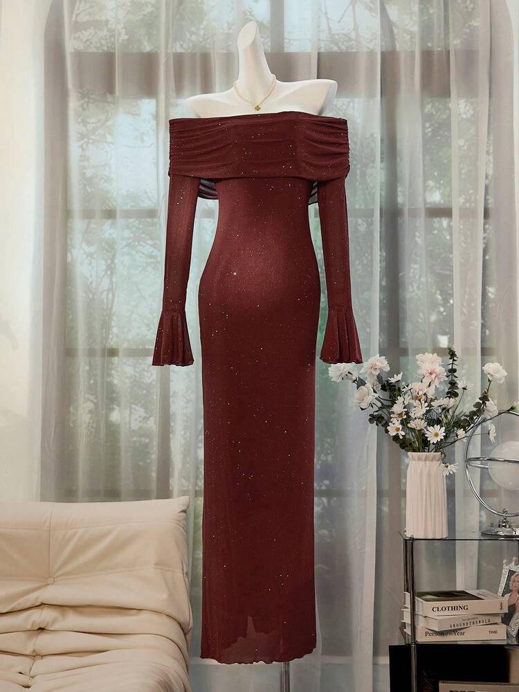 Glamine Đầm dự tiệc tay loe trễ vai màu trơn đính sequin co giãn cho nữ, Thu/Đông - Màu Đỏ Sâu - Xem 2