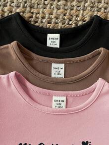 SHEIN Bộ 3 áo thun dài tay in chữ cho bé gái, Bộ đồ dễ thương, dễ phối đồ, Mùa thu - Nhiều màu - Xem 8