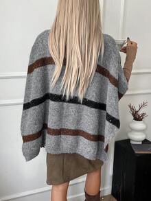 Livesso Poncho de suéter de cuello redondo a rayas para mujer en otoño - Gris - Ver 2