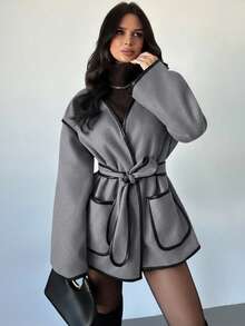 Firerie Damen Lässige elegante Kontrast-Farben Dekorative Strickjacke/Gürtel Taille Kontrast-Farben Feiner Rand Tweed Jacke/Braune Jacke Herbst Damen Kleidung/Herbst Outfits Damen/Winterkleidung für Damen/Winter Outfit für Damen/Schule Outfits Damen/Lehrerbekleidung/Business Lässig Frau