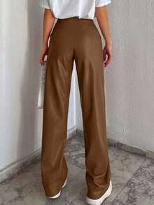 RueChic Đường may Chi tiết Chân thẳng Da giả Quần - màu nâu - Xem 2