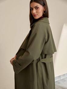 CLARA VERO Women's Green Loose Fit Long Elegant Trench Coat - Army Green - View 5
