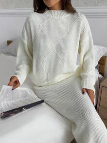 EURMUSE 女士套头毛衣和修身长裙两件套套装 - 白色 - 查看 7