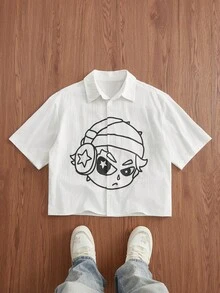 SWAVVY Áo sơ mi trắng tay ngắn in họa tiết nhân vật hoạt hình thường ngày dành cho nam, mùa hè - trắng - Xem 1