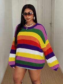 Maweii Pull décontracté pour femmes grandes tailles avec col rond, rayures contrastées et effet ajouré - Prune - Voir 5