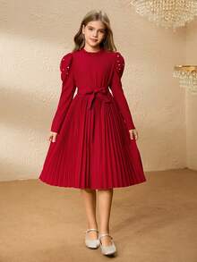 Vestido elegante con cuello de volantes, mangas abullonadas, cintura con cuentas y pliegues para niña preadolescente, para Halloween y Navidad, con cinturón - Rojo - Ver 5