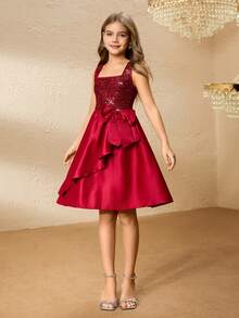 Tween Girl' Spaghetti Strap Dress With Bow, Ruffle Hem & Sequin Patchwork, Elegant & For Halloween, Christmas, Party - Red - View 4