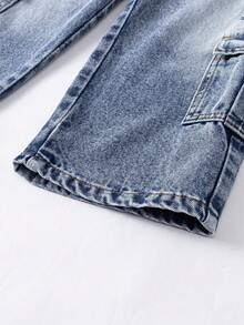Young Boys Vintage Washed Blue Cargo Jeans With Multiple Pockets, Fashionable Streetwear Style, Must-Have Item For Fashion-Conscious Kids - Dark Wash - View 8