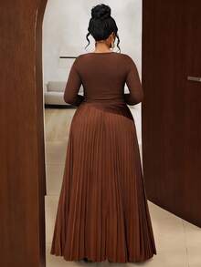 Maweii Plus Size Women Elegant Solid Color Asymmetric Neckline Ruched Long Sleeve Dress, Suitable For Wedding Guest, Party, Night Out, Fashion Design, Autumn