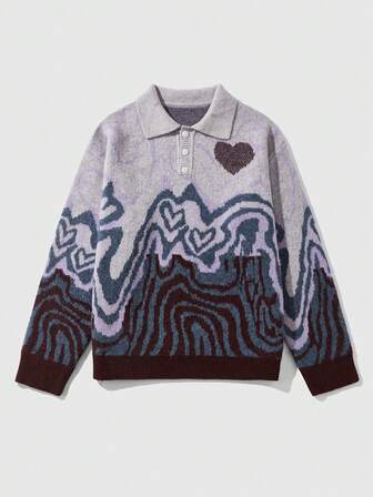 Street Life Herren Pullover mit Herzmuster und Viertelknopfleiste, Straßenmode, Herbst/Winter