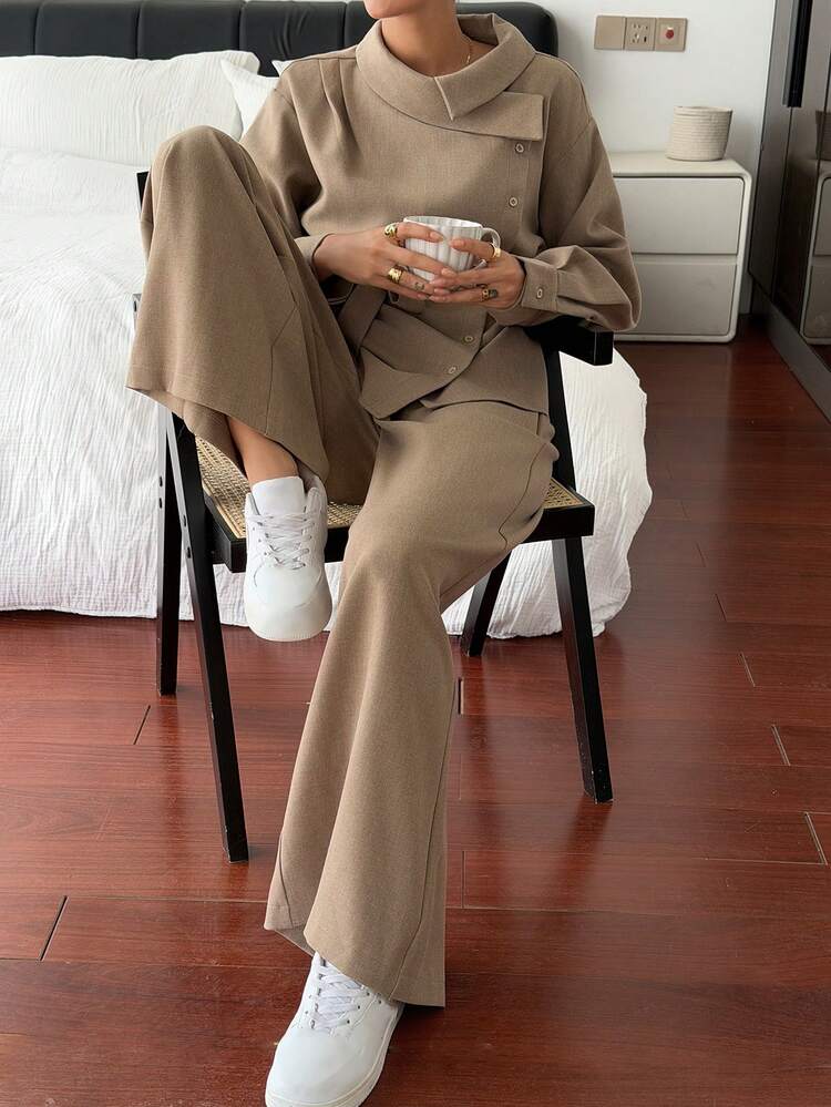 Women's Solid Color Elegant Fashion Loose Fit 2 Pieces Set, Long Sleeve