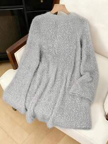 Franclia Women's Elegant Cute Sweet Lady Date Daily Thanksgiving Party Christmas New Year Simple Design Raglan Flared Sleeves Ribbon Tie Bow Solid Color Gray Pullover Floral Yarn Knitted Short Loose Plus Size Sweater Dress, Fall Winter