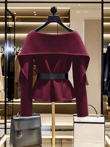 Franclia 女士荷叶边领长袖短款外套，冬季 - 酒紅色 - 查看 2