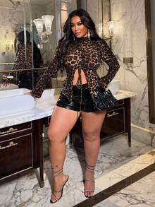 NU&NOW Plus Size Women Sexy Leopard Print Drawstring Hem Long Sleeve T-Shirt Top