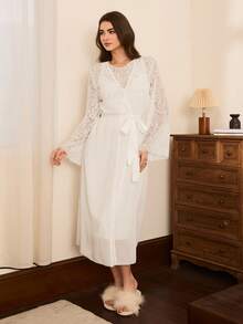 Moireta 2件套女士优雅性感无袖雪纺睡裙及腰带睡袍秋冬装 - 白色 - 查看 5