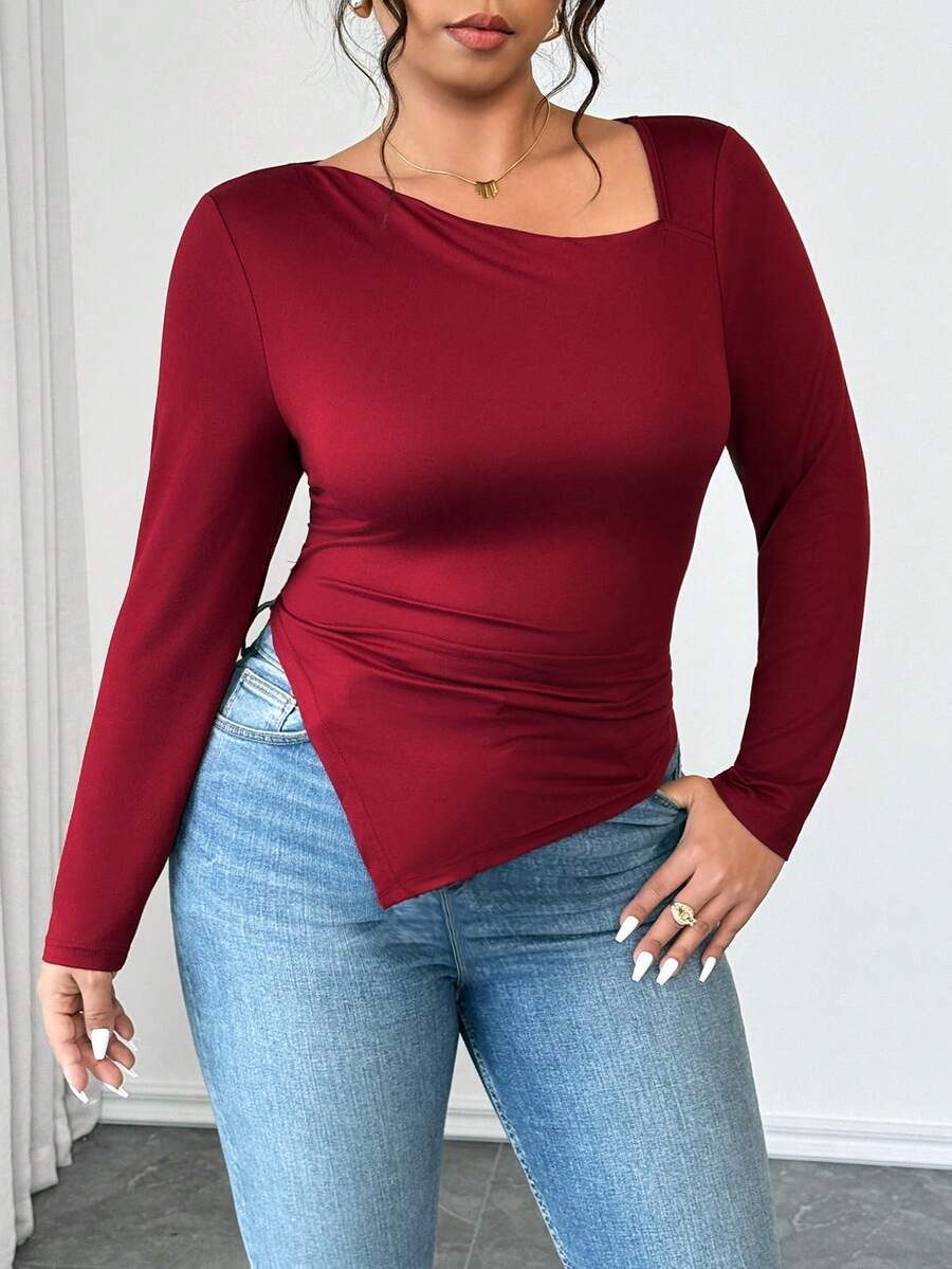 Cravure Christmas Plus Size Women Asymmetric Neck Ruched Waist Sexy Elegant Slim T-Shirt