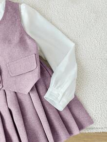 SHEIN 年轻女孩优雅金色纽扣背心、荷叶边领衬衫和百搭百褶裙，适合秋冬季、派对和日常穿着 - 藕粉色 - 查看 7
