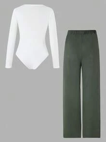 Set de 2 piezas: Top body de unicolor + Pantalones de pierna ancha para niñas preadolescentes, otoño e invierno - Multicolor - Ver 2