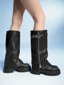 Sugerpunk Giày bốt Punk Rock màu đen dành cho nữ có khóa thắt lưng, kiểu tất ống, đế dày gót nêm, giày bốt Gothic - màu nâu - Xem 2