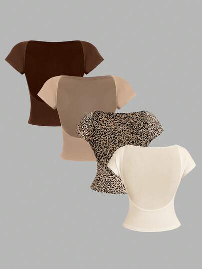 SHEIN Essnce 4pcs Casual Solid Color Contrast Crew Neck Tight Backless Hollow Out T-Shirts For Women, Suitable For Spring/Summer Neutral Tops Multi Pack Tops Earthy Tops Leopard Tops Cheetah Tops