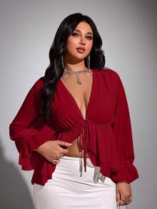 Viva Relle Plus-Size New Year Sexy Solid Color Deep V-Neck Ruffled Hem Sash Long-Sleeve Valentine's Day Shirt Fall - Burgundy - View 2