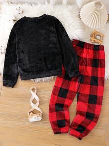SHEIN Bộ đồ ngủ 2 món vải nỉ mềm mại thoải mái họa tiết pin tối giản cổ tròn tay dài cho bé trai tuổi mới lớn, mùa thu/đông - màu đen - Xem 2