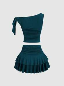 Sweetra 女式夏季金属花朵装饰细肩带背心和褶皱多层迷你裙套装 - 水鴨藍 - 查看 4