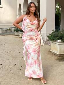 SHEIN BAE Váy Maxi dài chấm bi đuôi cá họa tiết hoa hồng cỡ lớn mùa xuân hè, hở lưng, viền đuôi cá, xếp nếp hoa ba chiều, váy thanh lịch - Hồng - Xem 4