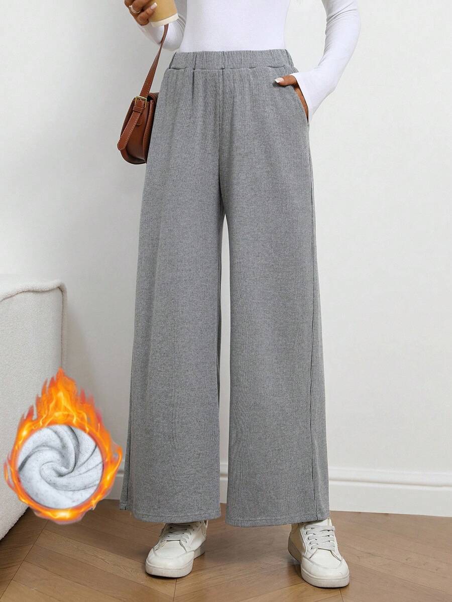 EMERY ROSE Women's Casual Everyday Commute Striped Print Elastic Waist Side Pockets Loose Thick Flared Leg Pants, Autumn/Winter - Grey - View 1