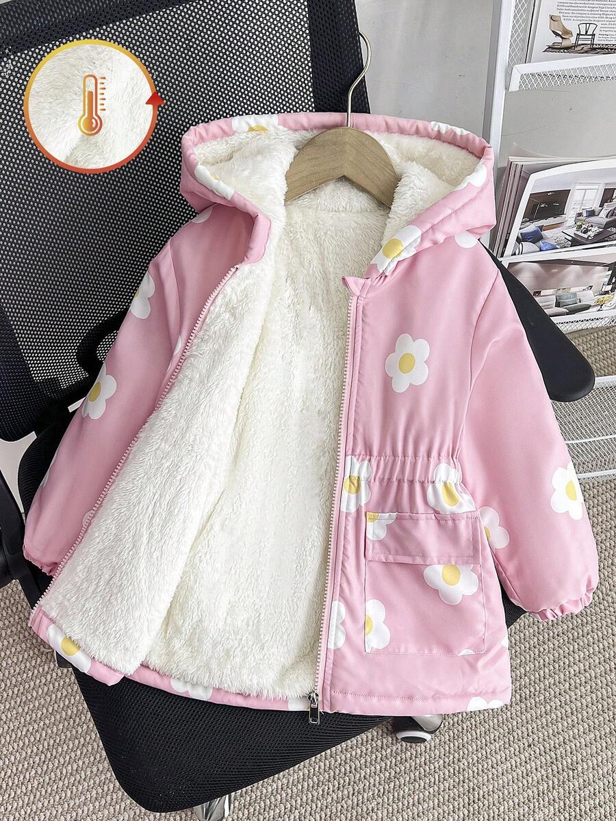 Elladie kids Abrigo acolchado con capucha con cremallera para niñas jóvenes en invierno, abrigo acolchado con bolsillo en la cintura, estampado floral grueso y elegante - Rosa - Ver 1