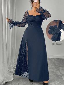 Cravure Đầm maxi dài tay chữ A dáng chữ A lãng mạn, cổ vuông, eo bo chun, họa tiết hoa 3D, thanh lịch, thích hợp mặc hàng ngày, hẹn hò, đi làm, cỡ lớn dành cho nữ - Màu xanh hải quân - Xem 7