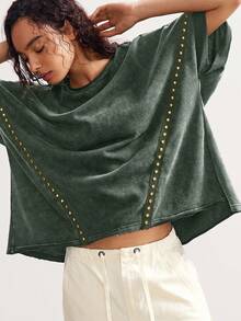 Bohemela 波西米亚乡村度假休闲风格铆钉针织圆领宽松水洗女式 T 恤 - 軍綠色 - 查看 4