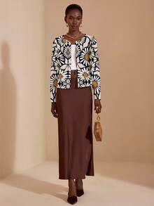 JIAN  LASALA Jian Lasala 花卉印花休闲优雅简约性感女士长袖薄款外套，适合日常外出、旅行、度假、约会、派对、秋冬季艺术印花开衫，花卉印花开衫，女士开衫，长袖开衫 - 彩色 - 查看 4