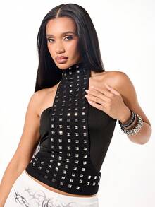 SUMWON WOMEN 带金属配件的铆钉吊带上衣，高领，无袖，紧身，节日风 - 黑色 - 查看 5
