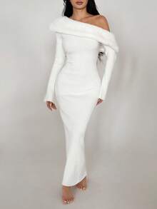 SHEIN MOOSTA Sexy Solid Color Asymmetric Collar Long Sleeve Sweater Dress - White - View 3
