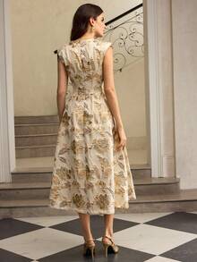 ZEYLAH V领提花褶皱A字连衣裙，秋冬 - 杏色 - 查看 4