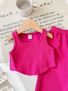 SHEIN Baby Girls Cute Knit Pink Tank Top And Elastic Waist Pants 2 Pieces Set, Summer