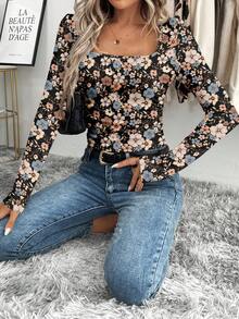 SHEIN LUNE 女士休闲长袖 T 恤，适合秋冬季打底，腰部褶饰，方领，复古碎花 - 彩色 - 查看 5