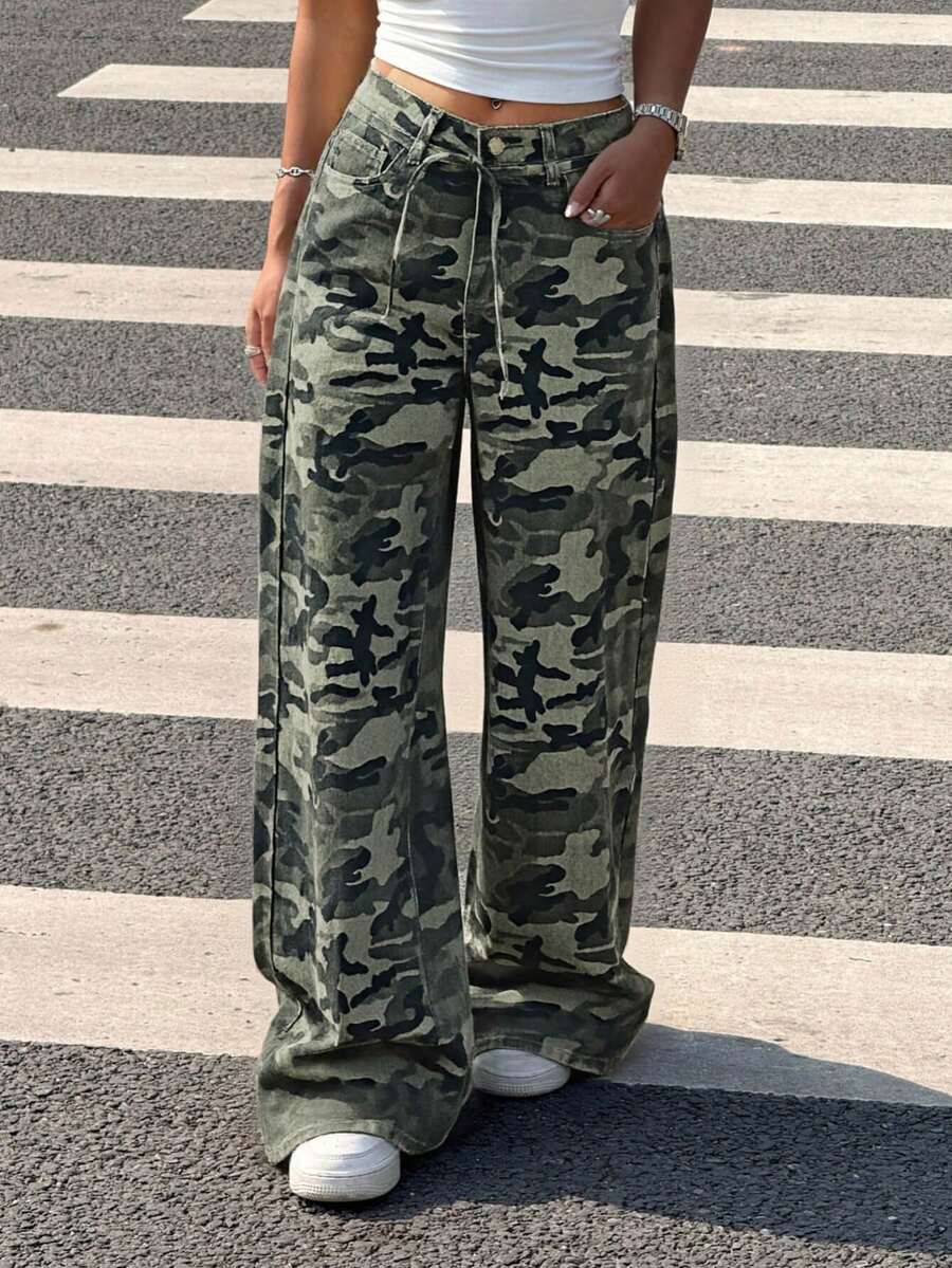 Muchica 女式休闲迷彩印花阔腿牛仔裤 - 軍綠色 - 查看 1