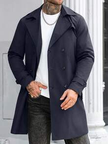 Manfinity Mode 男士街头风黑色纯色防戬面料双排扣翻领宽松长袖风衣，休闲百搭风衣，男友老公周年纪念礼物 - 藏蓝色 - 查看 6